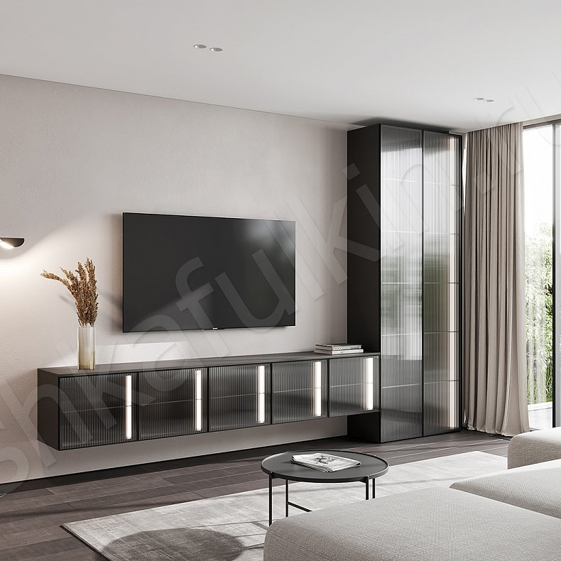 Стенка Мору Серый Темные Черный Современный 2х створчатые Гостиная Под ТВ Для посуды Для декора Для книг