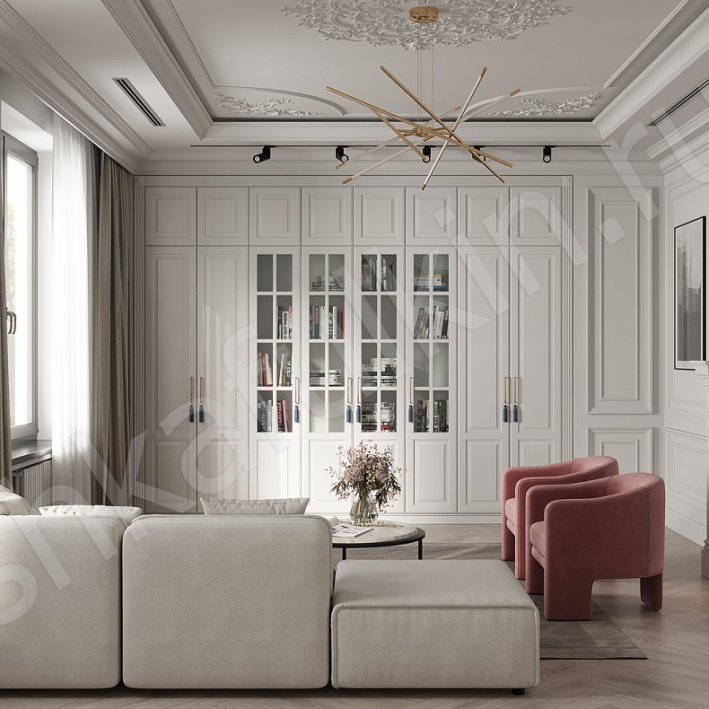 Стенка Джиованни Светлые Белый Классика 6и створчатые Гостиная Для книг Для посуды Для вещей 1