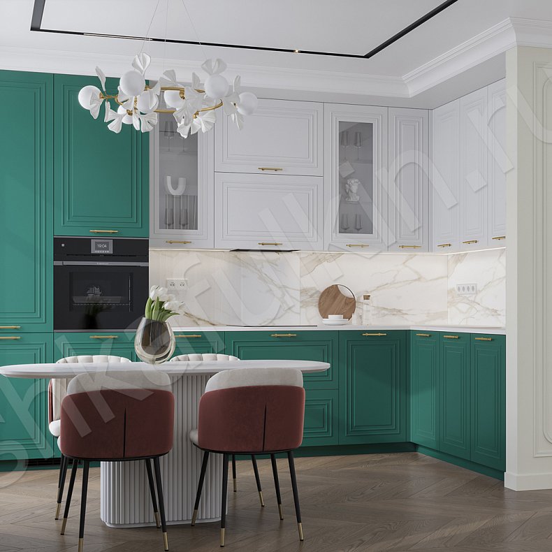 Кухня Паскаль Зеленый Светлые Цветной Белый Неоклассика   Для посуды