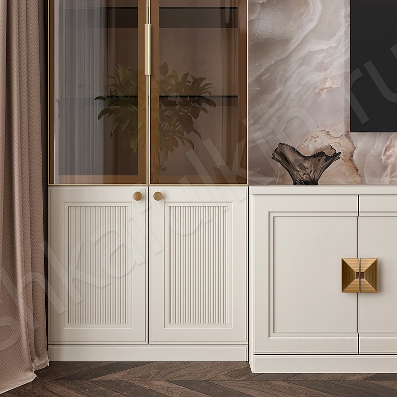 Стенка Минотти Светлые Коричневый Неоклассика 2х створчатые Гостиная Под ТВ Для посуды Для декора Для книг 3