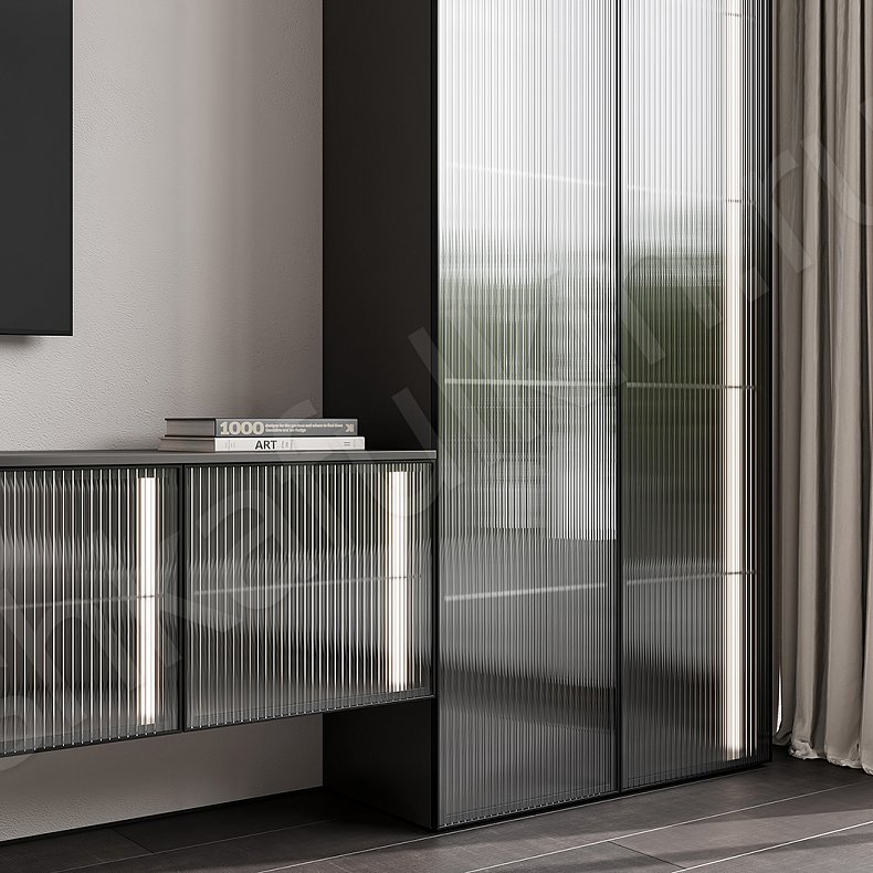 Стенка Мору Серый Темные Черный Современный 2х створчатые Гостиная Под ТВ Для посуды Для декора Для книг 2