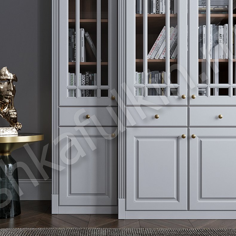 Шкаф Сергиус Белый Цветной Серый Синий Неоклассика 4х створчатые Гостиная Для книг Для декора Для посуды 9