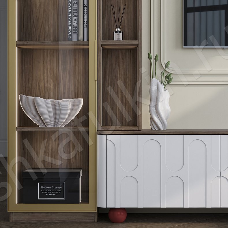 Стенка Галеон Белый Светлые Древесный Современный 2х створчатые Гостиная Под ТВ Для посуды Для декора Для книг 3