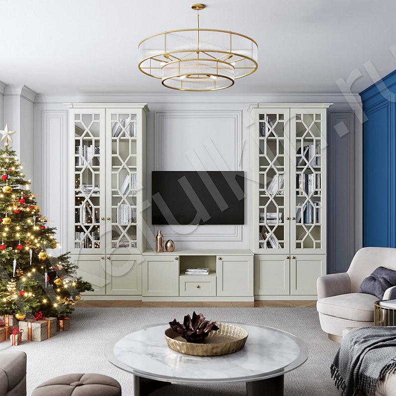 Гарнитур Смит Белый Цветной Синий Светлые Темные Неоклассика 2х створчатые Гостиная Для книг Под ТВ
