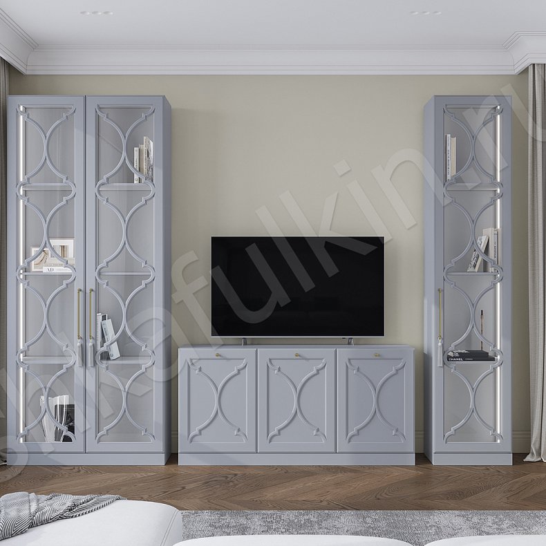 Стенка Айлин Серый Светлые Неоклассика 2х створчатые Гостиная Для вещей Под ТВ Для посуды Для декора Для книг 2