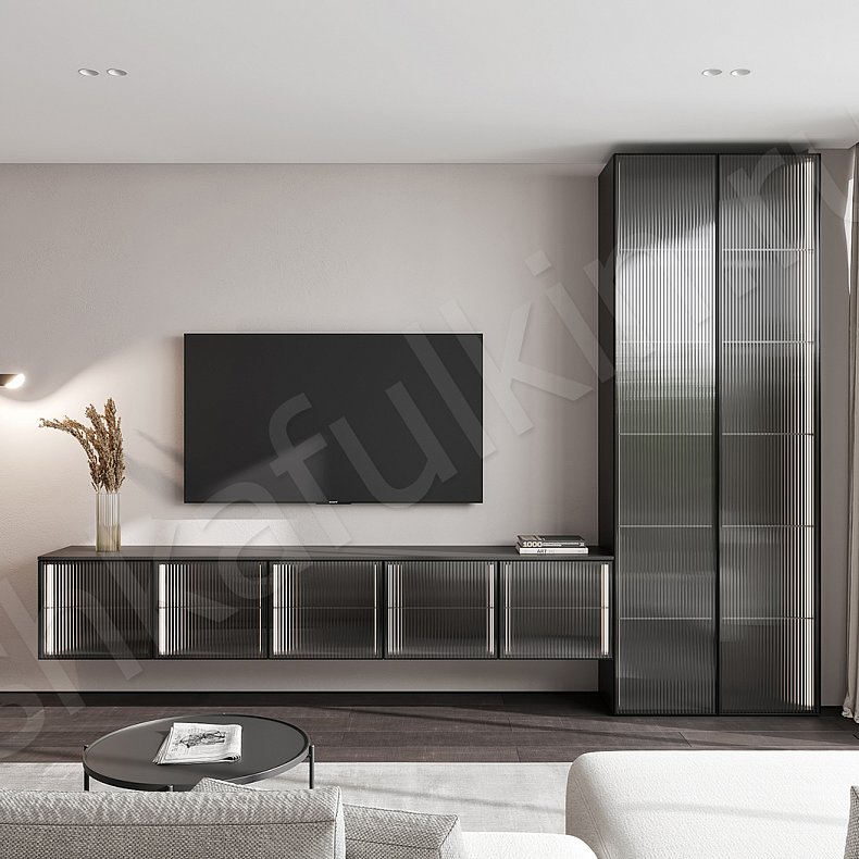 Стенка Мору Серый Темные Черный Современный 2х створчатые Гостиная Под ТВ Для посуды Для декора Для книг 1