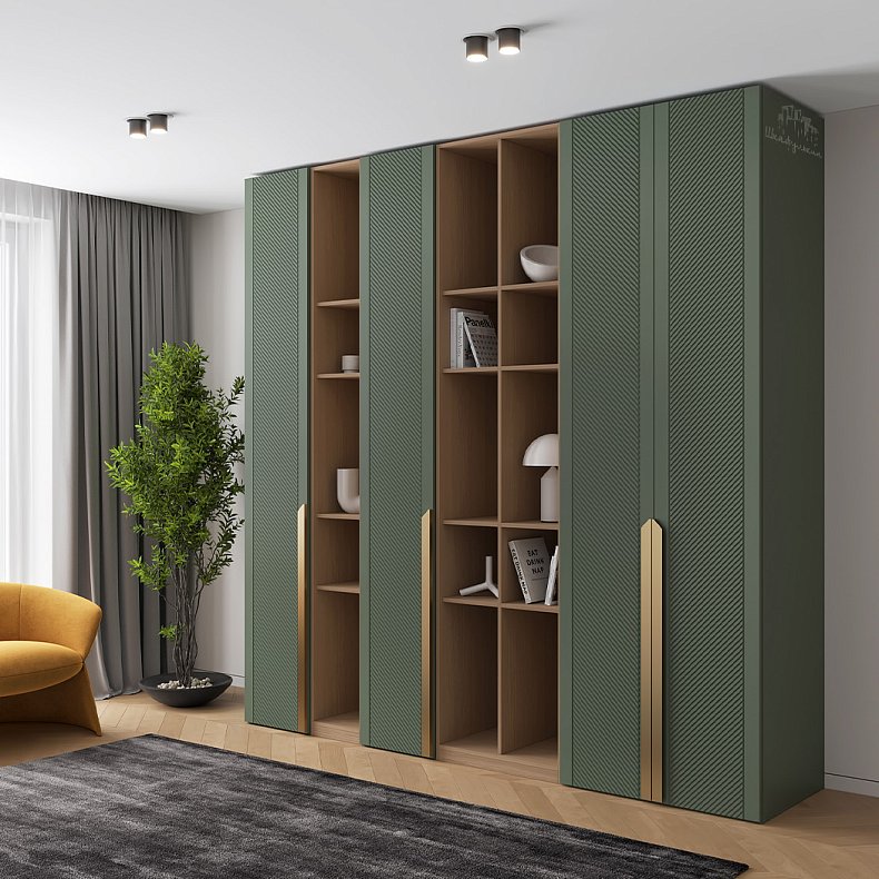 Шкаф со стеллажами Анабэль Цветной Древесный Темные Зеленый Неоклассика 4х створчатые Гостиная Для книг Для декора Для вещей