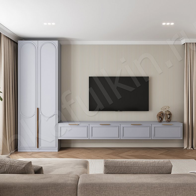 Стенка Новелла Серый Светлые Современный 2х створчатые Гостиная Для вещей Под ТВ 1