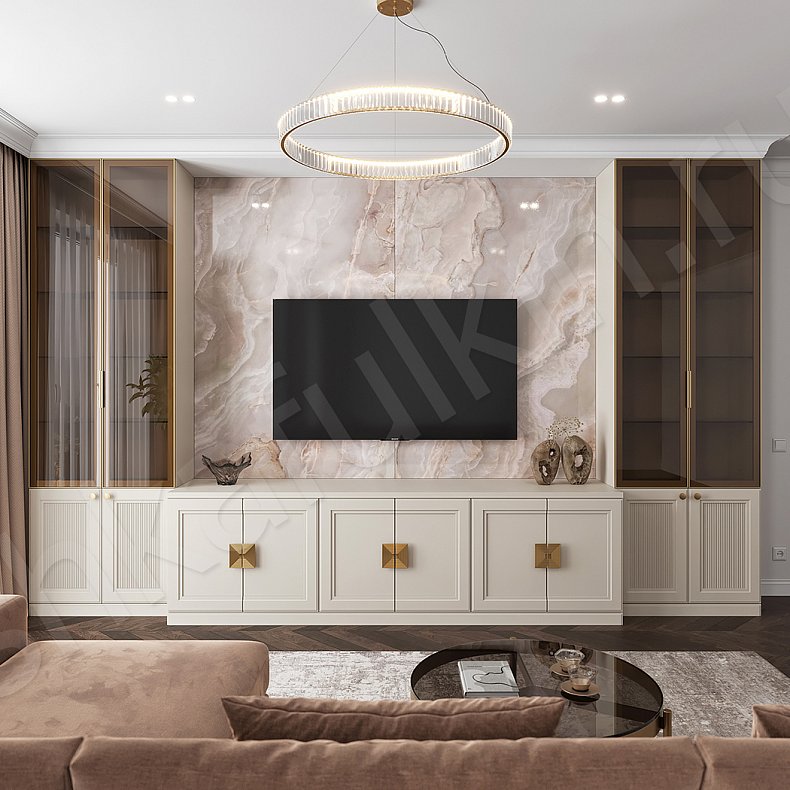 Стенка Минотти Светлые Коричневый Неоклассика 2х створчатые Гостиная Под ТВ Для посуды Для декора Для книг