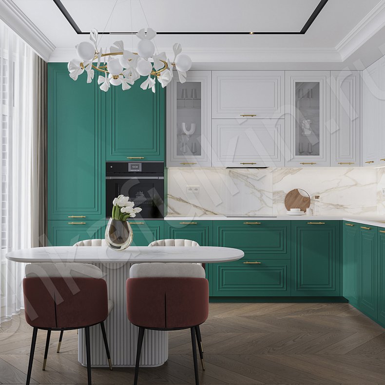 Кухня Паскаль Зеленый Светлые Цветной Белый Неоклассика   Для посуды 1