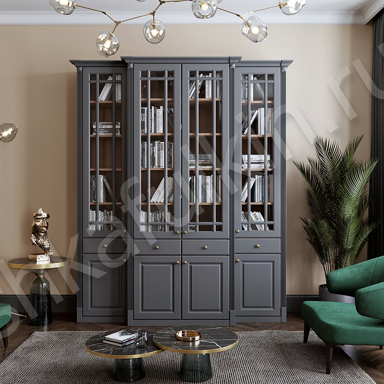 Шкаф Сергиус Белый Цветной Серый Синий Неоклассика 4х створчатые Гостиная Для книг Для декора Для посуды 4