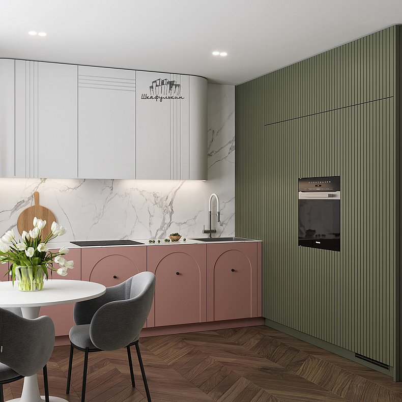 Кухня Санторини Белый Зеленый Светлые Розовый Цветной Современный   Для посуды 1