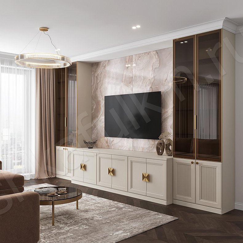 Стенка Минотти Светлые Коричневый Неоклассика 2х створчатые Гостиная Под ТВ Для посуды Для декора Для книг 1