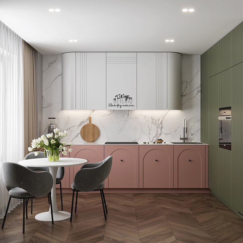 Кухня Санторини Белый Зеленый Светлые Розовый Цветной Современный   Для посуды