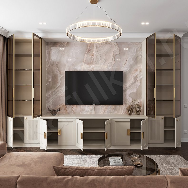 Стенка Минотти Светлые Коричневый Неоклассика 2х створчатые Гостиная Под ТВ Для посуды Для декора Для книг 4