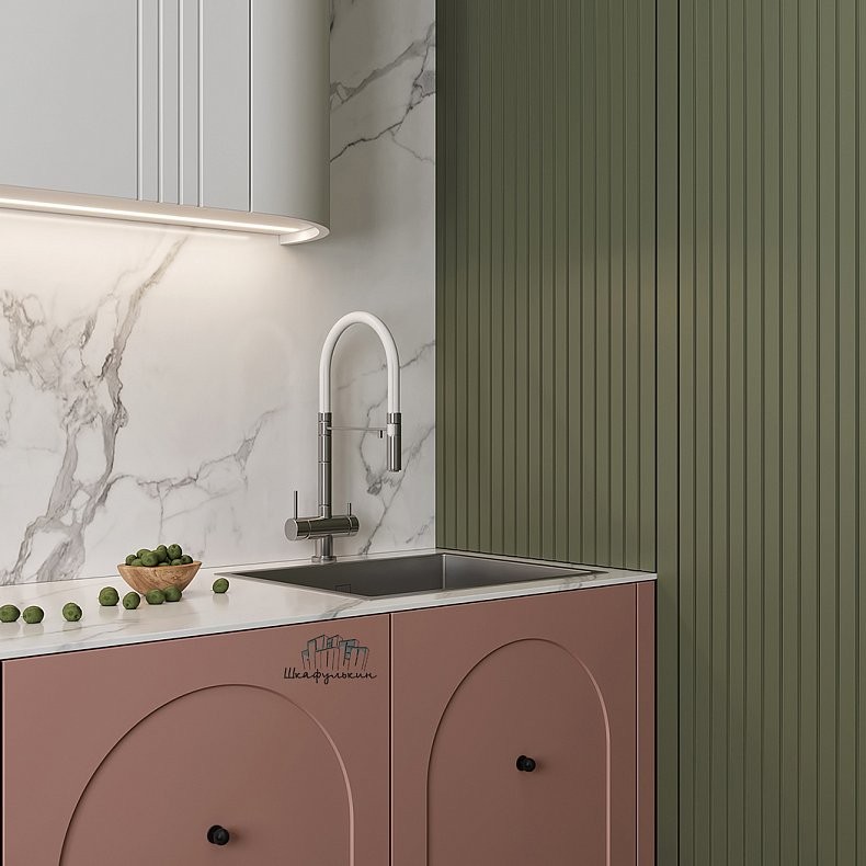 Кухня Санторини Белый Зеленый Светлые Розовый Цветной Современный   Для посуды 3