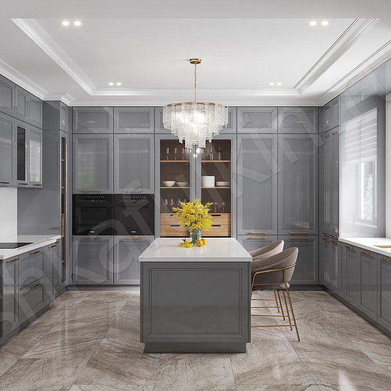 Кухня Минотти Серый Светлые Неоклассика Для посуды Для декора 1