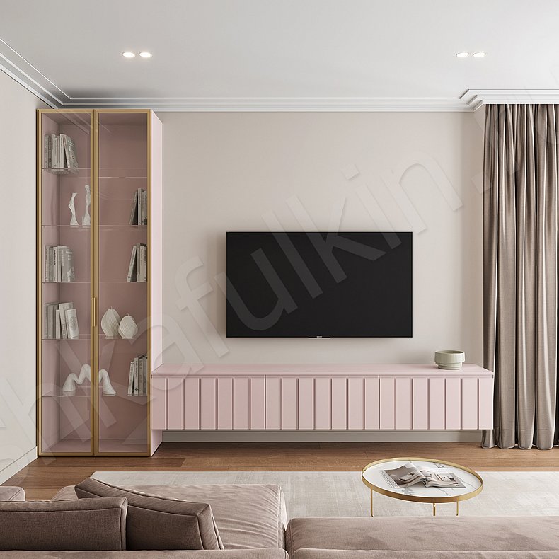 Стенка Винора Цветной Светлые Розовый Минимализм 2х створчатые Гостиная Под ТВ Для посуды Для декора Для книг