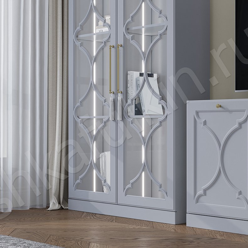 Стенка Айлин Серый Светлые Неоклассика 2х створчатые Гостиная Для вещей Под ТВ Для посуды Для декора Для книг 4