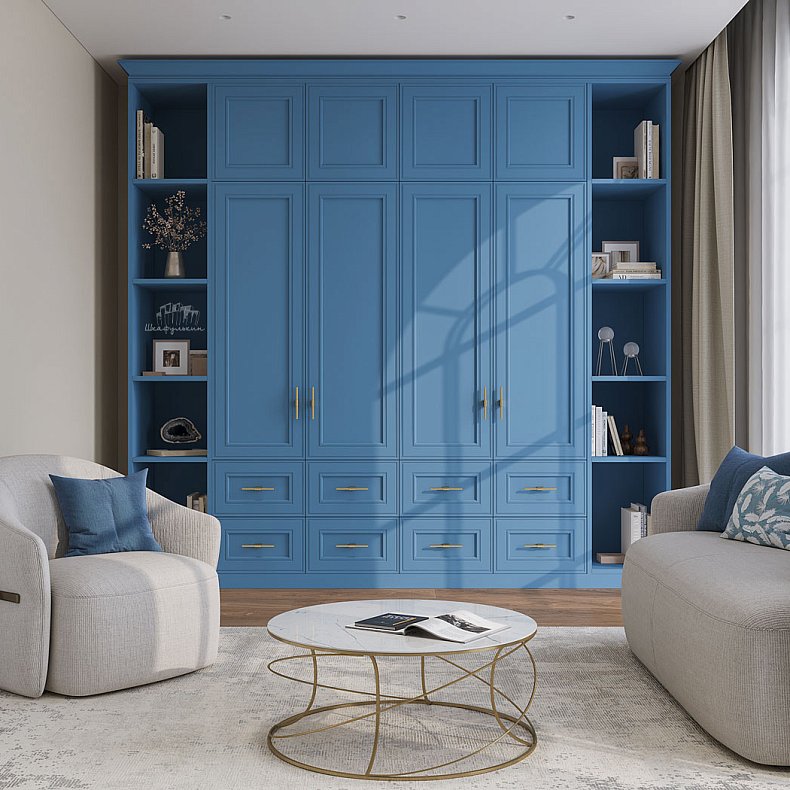 Шкаф Параиба Цветной Синий Светлые Классика 4х створчатые Гостиная Для книг Для декора Для вещей